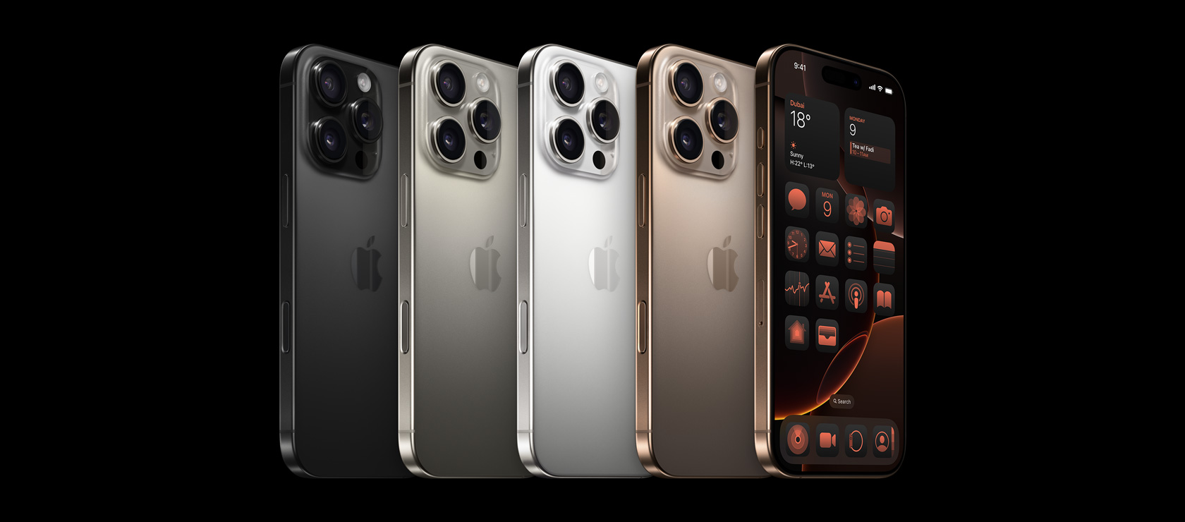 Back view of iPhone 16 Pro, all four finishes, Black Titanium, Natural Titanium, White Titanium, Desert Titanium and front view of iPhone 16 Pro in Desert Titanium