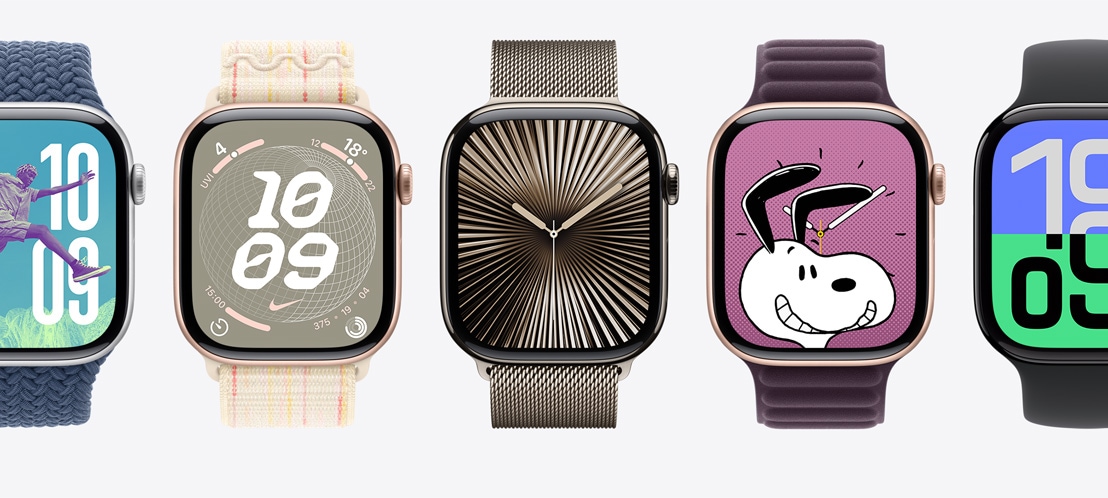 Five Apple Watch screens. A Photos face, a Nike Globe face, a Reflections face, a Snoopy face, and a Flux face.