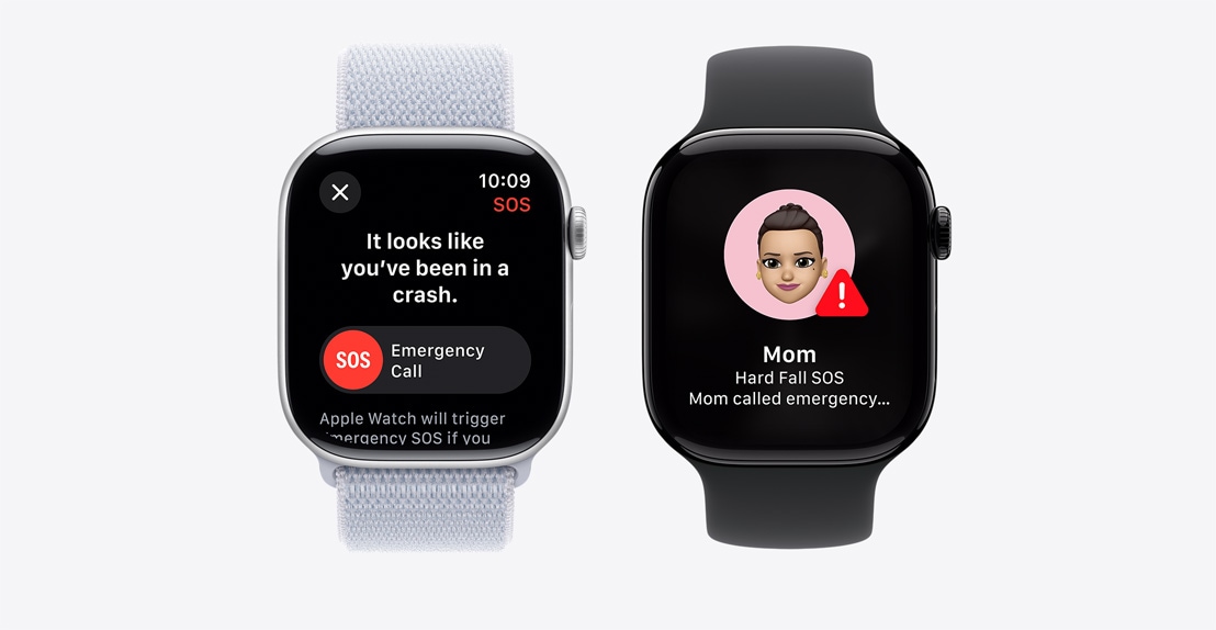 Two Apple Watch Series 10. The first shows a Crash Detection notification screen with an Emergency Call button. The second shows a notification screen indicating that "Mom" took a hard fall and has called emergency services.