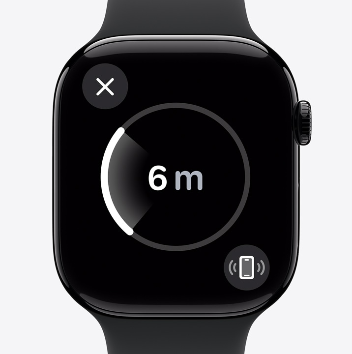 The Precision Finding screen on an Apple Watch Series 10 showing that the watch user's iPhone is 20 feet away.