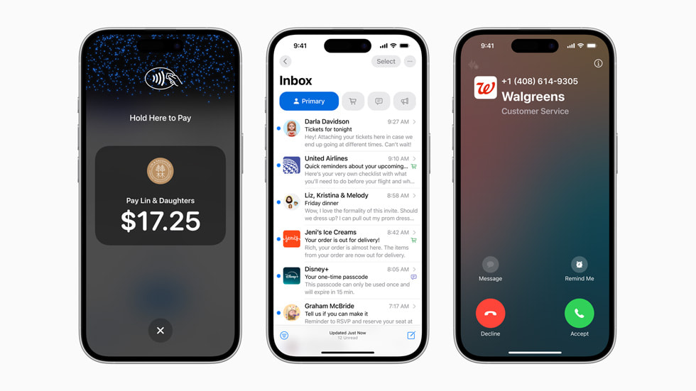 Three iPhone 16 Pro devices show new capabilities offered to businesses through Apple Business Connect.