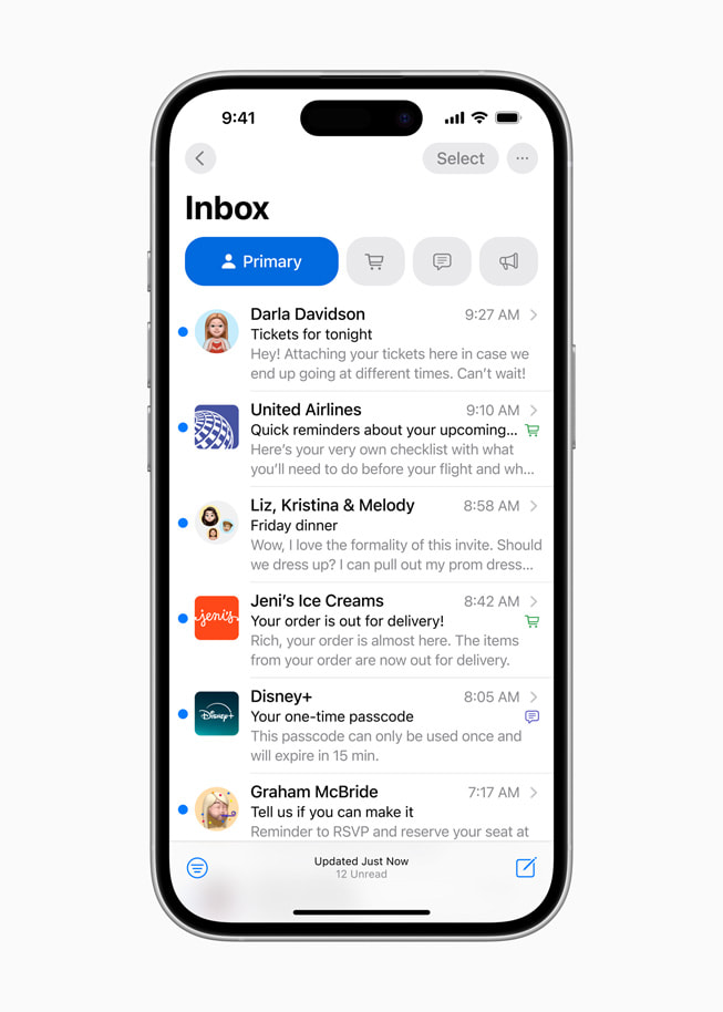 On iPhone 16 Pro, a user’s inbox shows Branded Mail from several companies.