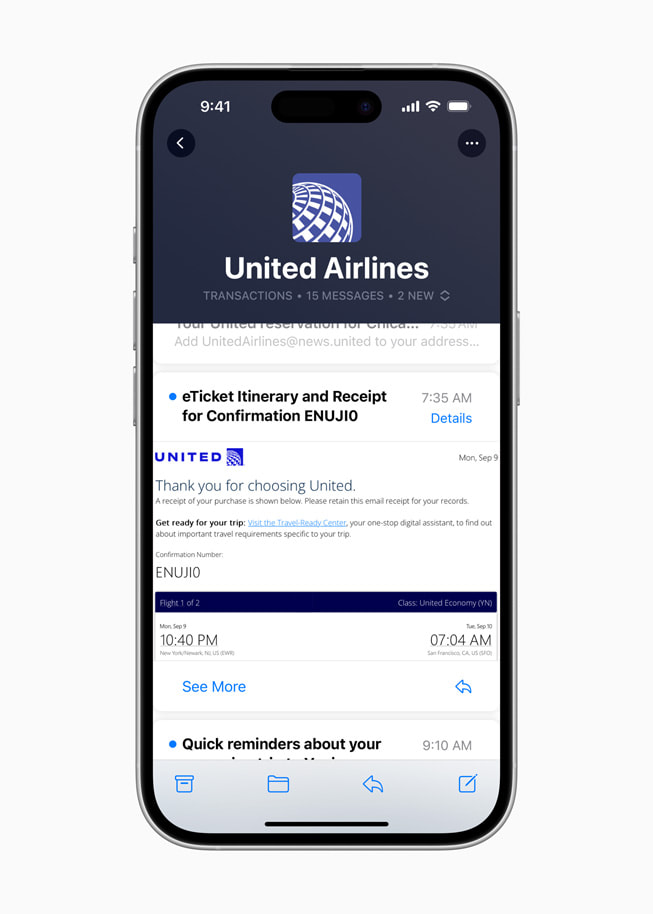 On iPhone 16 Pro, a Branded Mail item from United Airlines shows up in a user’s inbox.