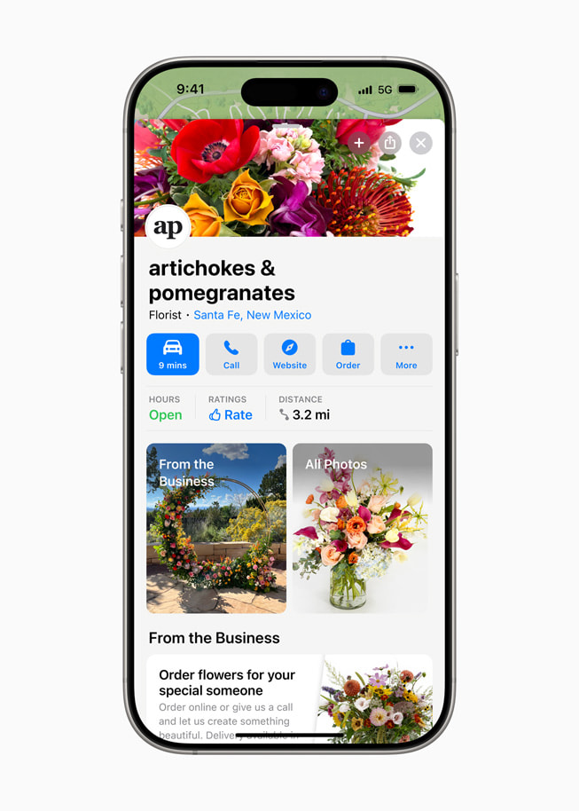 On iPhone 16 Pro, a business’s place card shows photos.