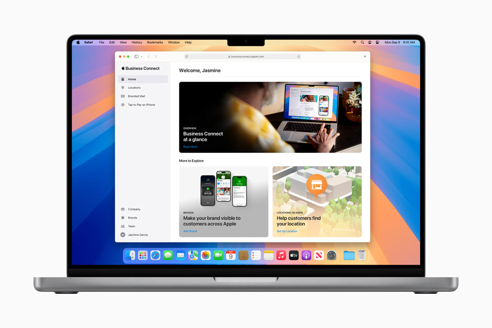 The Apple Business Connect portal is shown on MacBook Pro.