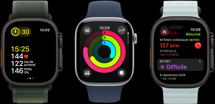 Trois Apple Watch affichant des données d’entraînement, des anneaux d’activité et des conseils après entraînement