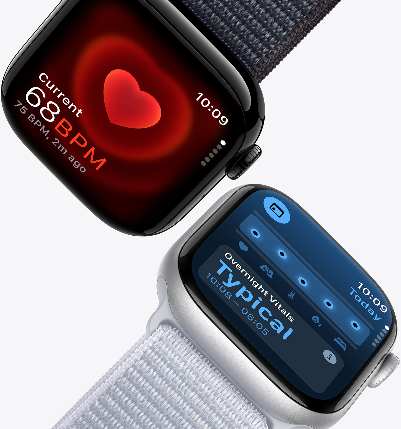 Appen Puls på en Apple Watch Series 10 visar en aktuell puls på 68 slag/minut och appen Vitalparametrar på en Apple Watch Series 10 visar typiska vitalparametrar över natten.