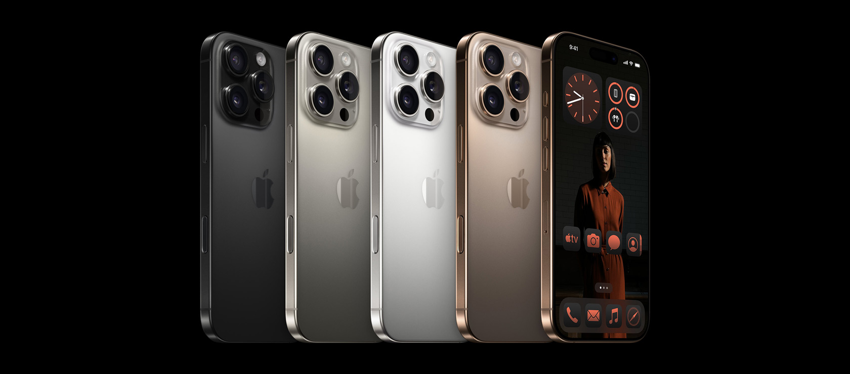 Back view of iPhone 16 Pro, all four finishes, Black Titanium, Natural Titanium, White Titanium, Desert Titanium and front view of iPhone 16 Pro in Desert Titanium