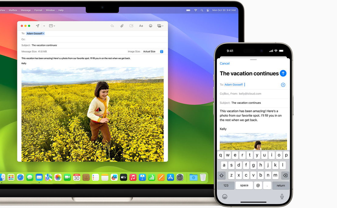 Le même e‑mail s’ouvre à la fois sur le MacBook Air 13 pouces et sur l’iPhone 15.