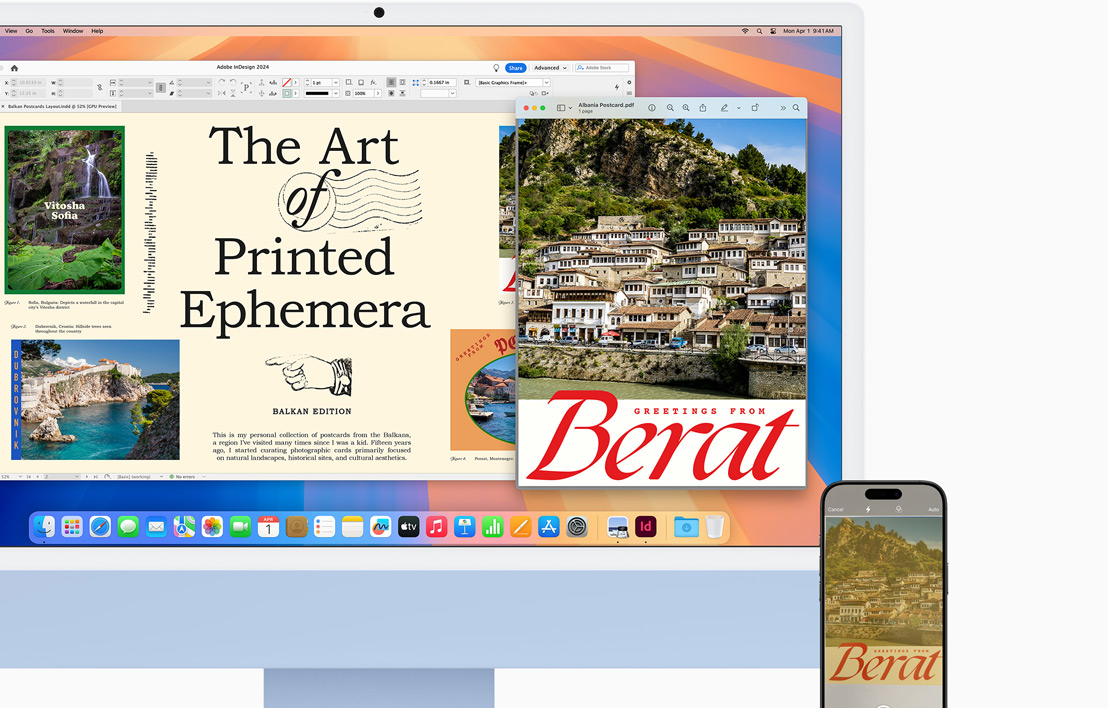 En blå iMac med en iPhone bredvid. Ett dokument med illustrationer visas på båda med hjälp av funktionen Handoff.