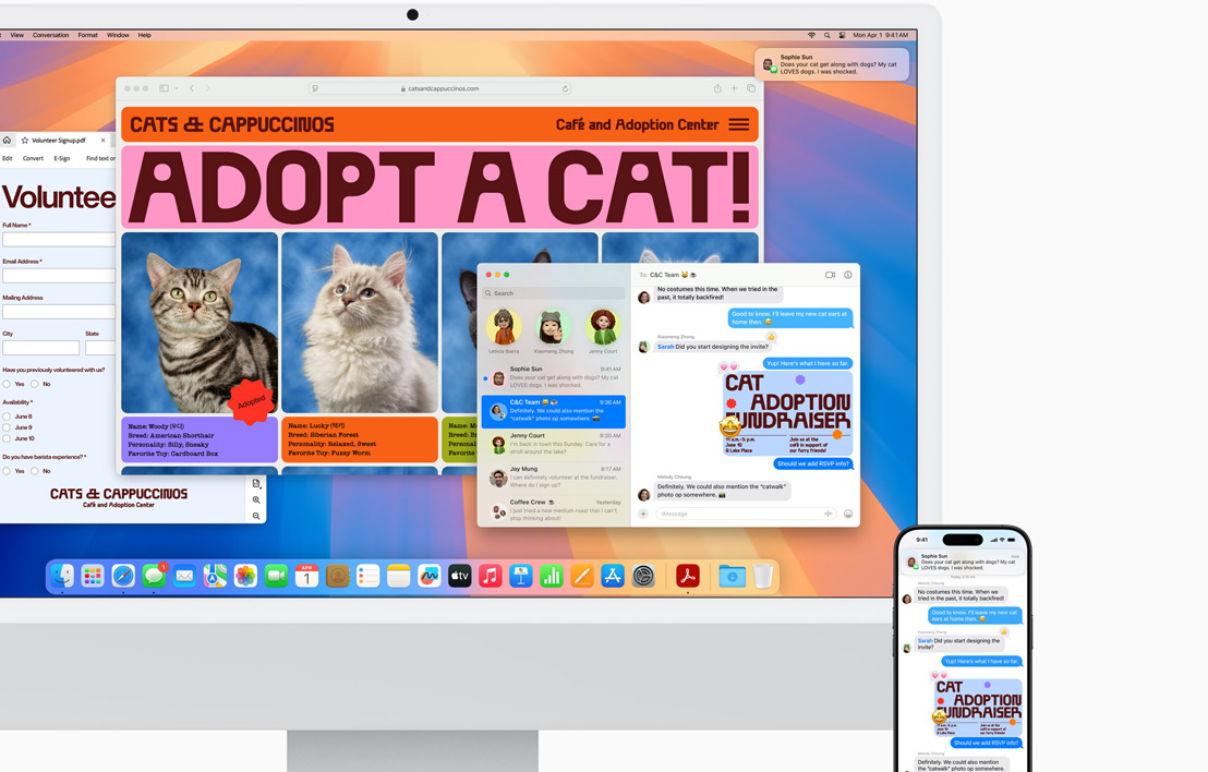 Un iMac color argento e un iPhone affiancati con gli schermi che mostrano la stessa chat in Messaggi e l’opzione per rispondere a una chiamata in arrivo.