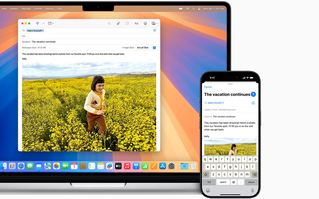 Un iPhone accanto a un portatile Mac aperto, per mostrare la possibilità di iniziare a scrivere un’email su un dispositivo e continuare su un altro.