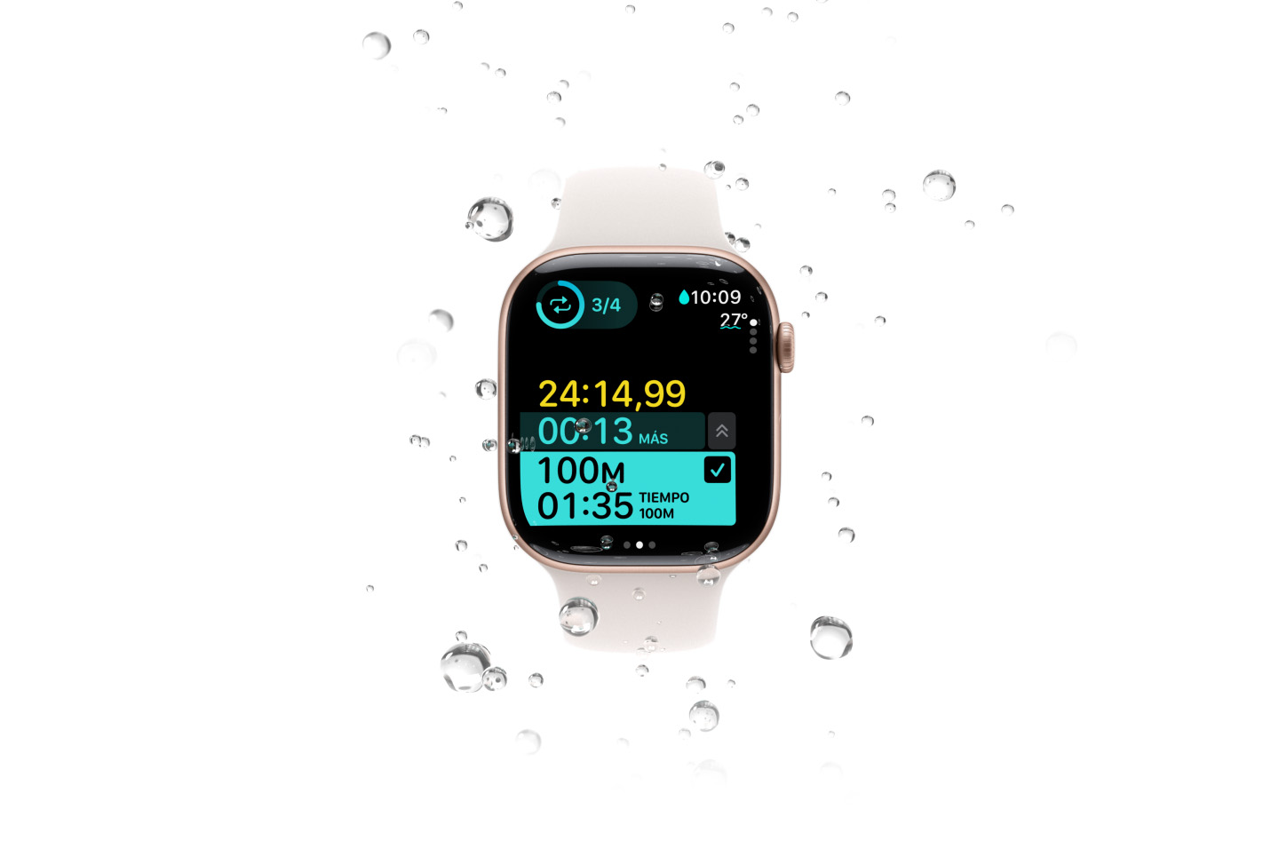 Animación de un entreno de natación con métricas como la temperatura del agua en un Apple Watch Series 10 rodeado de burbujas de agua.