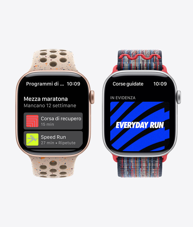 Two Apple Watch devices showing Nike Run Club features including Training Plans and Guided Runs