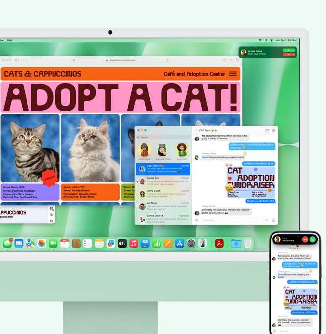 Green iMac and iPhone side by side. iMac screen shows incoming iPhone call notification. Both devices display Messages app with identical text conversations
