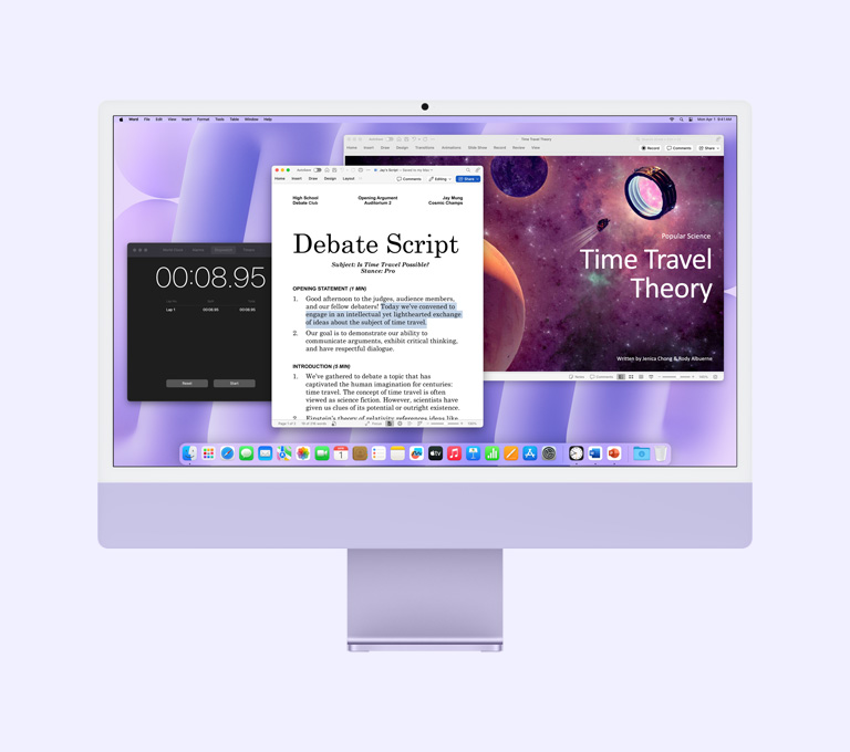 Purple iMac: Screen shows Microsoft Word, Microsoft PowerPoint, and Clock apps