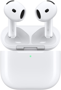 „AirPods 4“ ausinės virš įkrovimo dėklo atidarytu dangteliu.