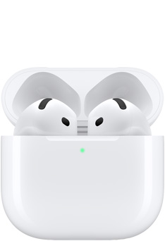 „AirPods 4“ ausinės įkrovimo dėkle atidarytu dangteliu.