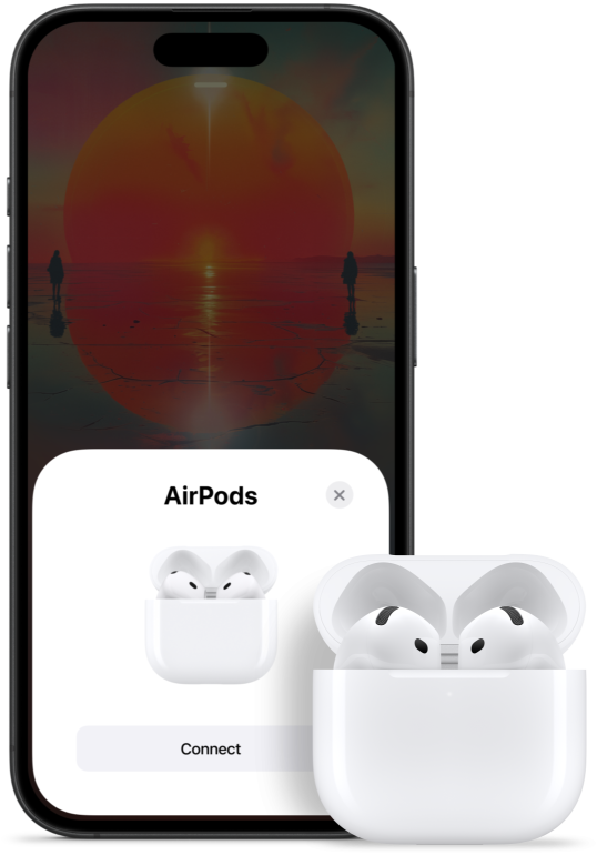 Atidaryto įkrovimo dėklo su viduje esančiomis „AirPods 4“ šalia „iPhone“, vaizduojančio  prijungtas „AirPods 4“, animacija.