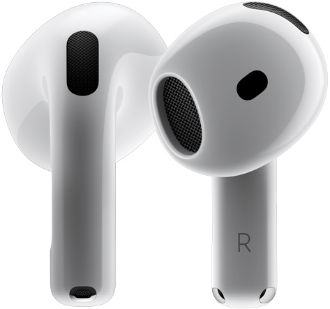 „AirPods 4“ ausinės sukasi viena aplink kitą ir sustoja, pasisukusios skirtingais kampais.