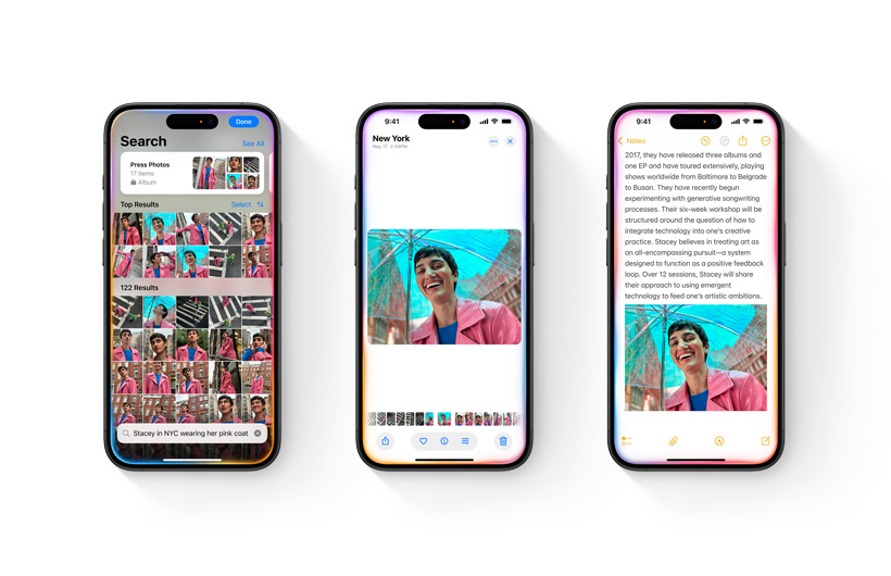 مكتبة الصور تظهر على iPhone إلى جانب وصف بحث. جهاز iPhone ثانٍ مفتوح يعرض صورة مفضلة واحدة بناءً على البحث. جهاز iPhone ثالث يعرض الصورة المدمجة في ملاحظة في تطبيق الملاحظات.