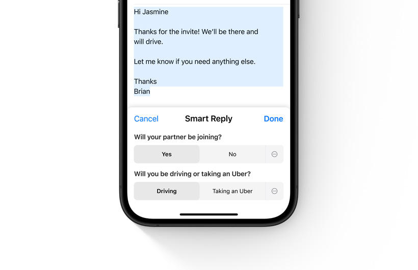 Smart Reply options in the Mail app are shown on an iPhone.