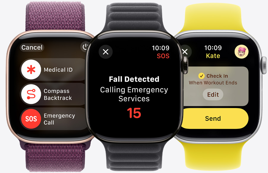 Apple Watch Series 10 displejā redzams Compass Backtrack, Medical ID un ārkārtas zvana slīdnis. Apple Watch Series 10 konstatējis kritienu. Apple Watch Series 10 kādam tiek nosūtīts Check In paziņojums.