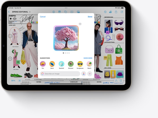 iPad mini แสดง Image Playground ซึ่งเป็นคุณสมบัติหนึ่งของ Apple Intelligence ใหม่ ขณะใช้งานในแอป Freeform