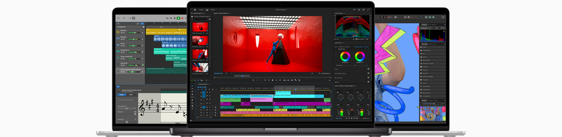 صورة أمامية لجهاز MacBook Air يظهر عليه مشروع في Logic Pro. صورة أمامية لجهاز MacBook Pro يظهر عليه مشروع في Final Cut Pro. صورة أمامية لجهاز MacBook Air يظهر عليه مشروع في iMovie‏.‏