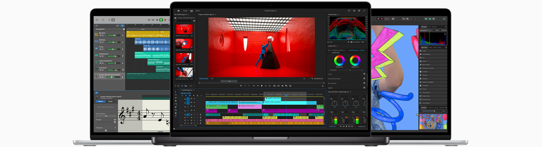 Vedere frontală a unui MacBook Air care afișează un proiect Logic Pro. Vedere frontală a unui MacBook Pro care afișează un proiect Final Cut Pro. Vedere frontală a unui MacBook Air care afișează un proiect iMovie.