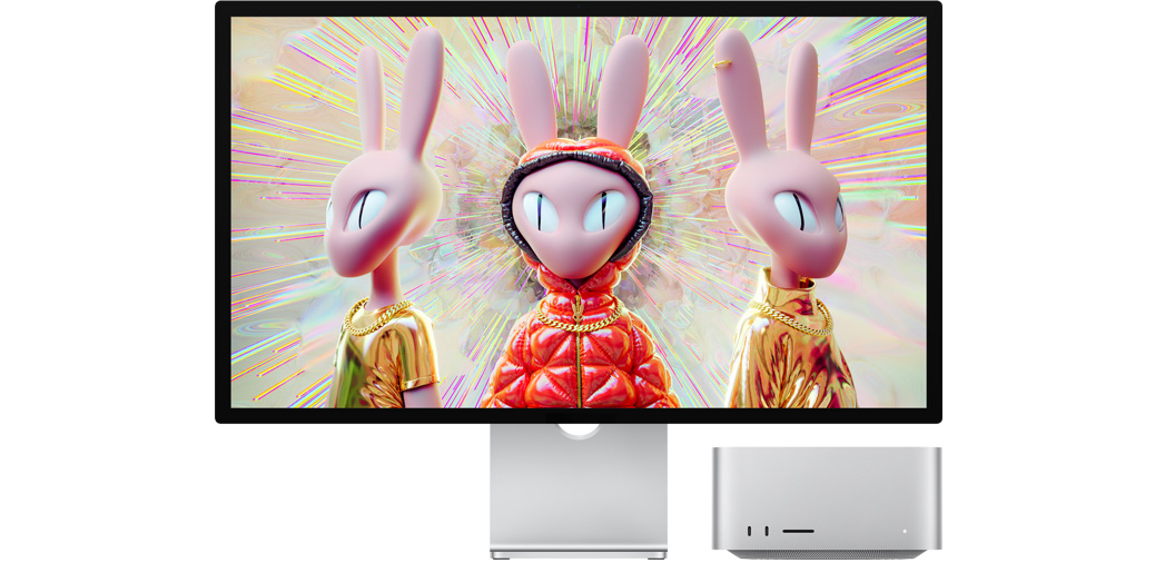 Mac Studio alongside Studio Display showing a 3D image of humanoid rabbit characters.