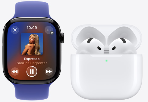 Apple Watch Series 10, на якому відтворюється пісня, поруч з AirPods 4.