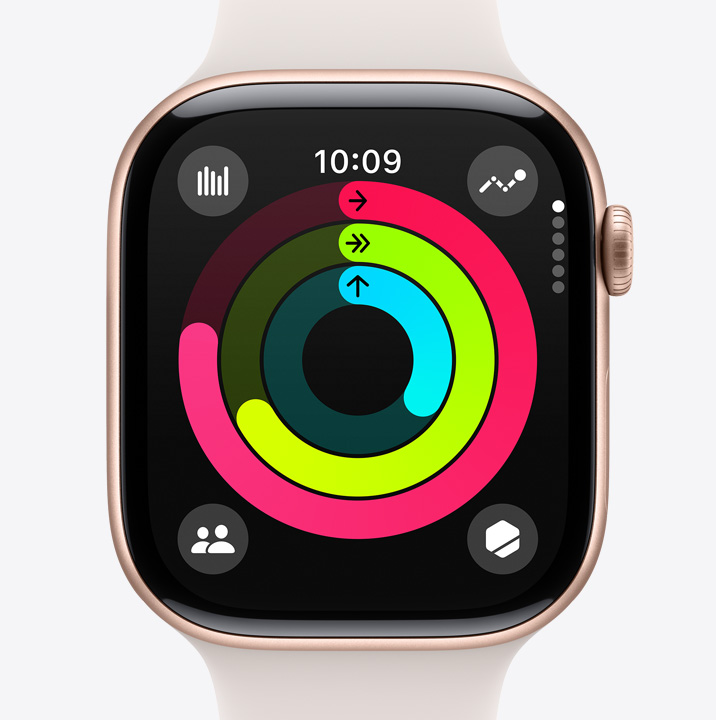 Un Apple Watch Series 10 con la app Actividad en pantalla que muestra el progreso de una persona en sus círculos Moverse, Ejercicio y Pararse.