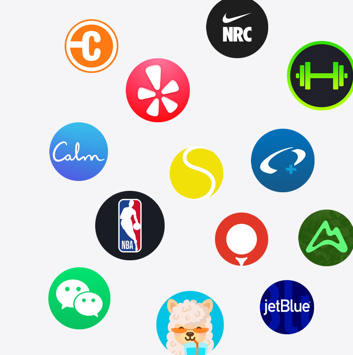 Іконки додатків для Apple Watch з App Store. ChargePoint, Yelp, Nike Run Club, SmartGym, Calm, NBA, SwingVision, Oceanic+, WeChat, Waterllama, Golfshot, JetBlue та AllTrails