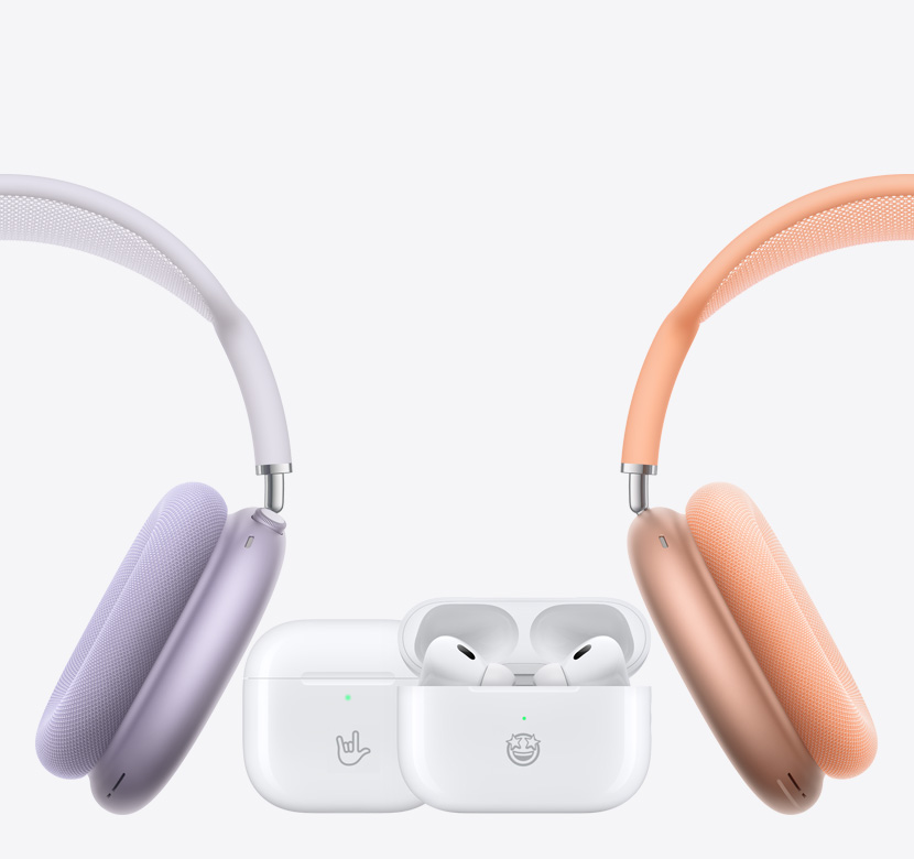 Two AirPods Max around AirPods 2nd Generation, AirPods 3rd Generation, and AirPods Pro 2nd Generation.