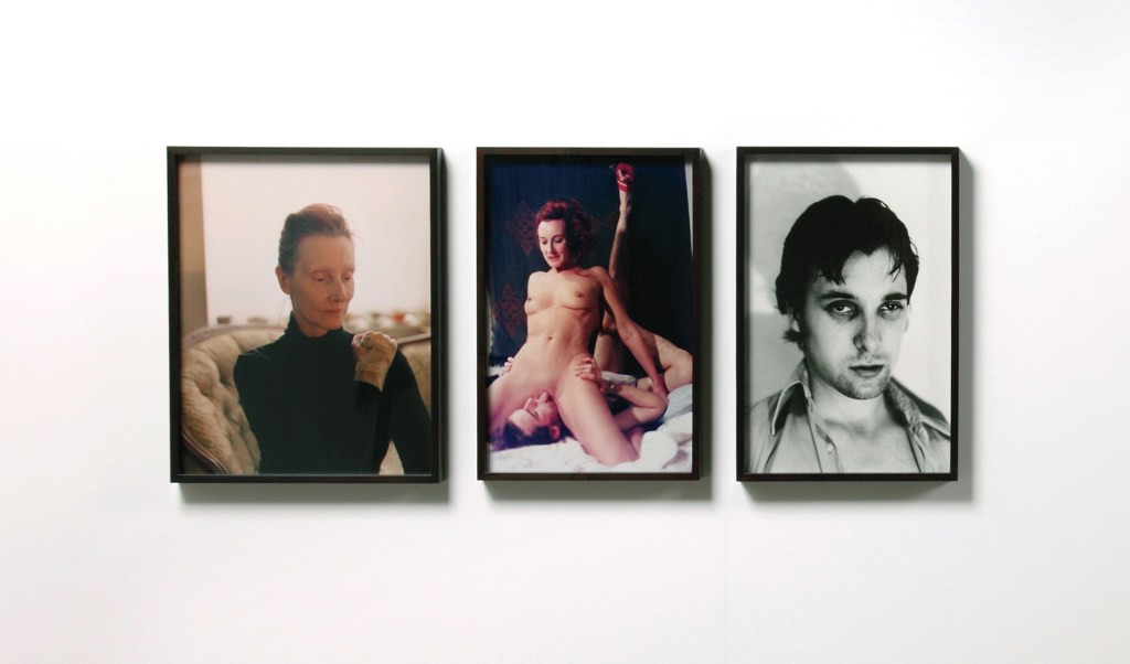 Three famed photographs. One shows an older woman poised gracefully with a wrist brace. The second shows that same woman nude and sitting on a man's face, his tongue extended into her crotch. The third shows a young boy.