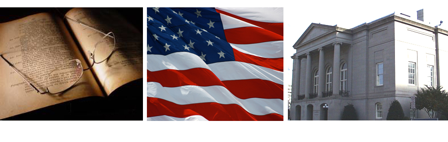 3 images: a pair of glasses on opened old book, a waving United States flag, the front of the courthouse