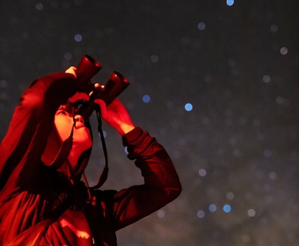 A participant at the Kitt Peak Observatory Night Observing Program examines the glittering night sky with binoculars.