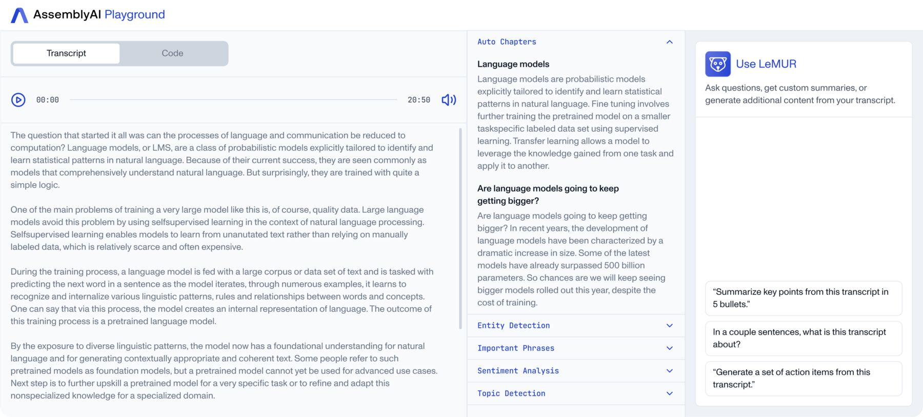 Screenshot of the AssemblyAI Playground. It shows a transcription panel with a text about language models, mentioning their probabilistic nature, training methods, and the challenges of quality data.