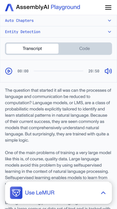 Mobile screenshot of the AssemblyAI Playground. It shows a transcription panel with a text about language models, mentioning their probabilistic nature, training methods, and the challenges of quality data.