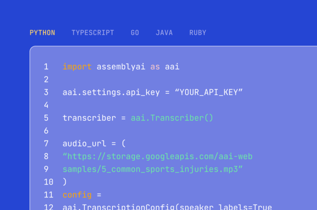 An illustration on a blue background showing code for AssemblyAI's transcription in multiple languages including Python, Typescript, Go, Java and Ruby