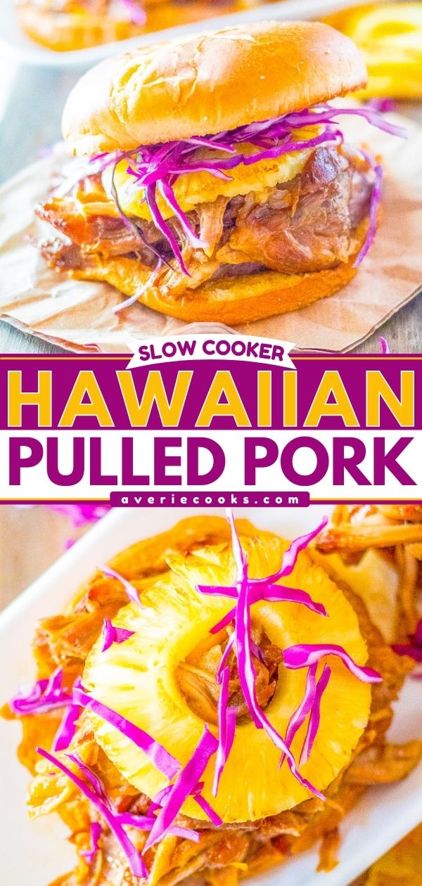 Slow Cooker Hawaiian Pulled Pork — Pork is slow cooked to perfection and has Hawaiian-inspired flavors from pineapple and teriyaki sauce! Sweet, tangy, tender, and juicy! It makes the best pulled pork sandwiches that everyone loves!