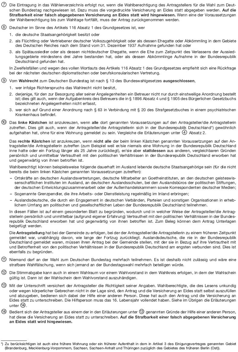 Merkblatt zu dem Antrag auf Eintragung in das W&auml;hlerverzeichnis und zu der Versicherung an Eides statt, Seite 2, Text folgt darunter (BGBl. I 2013 S. 1263)