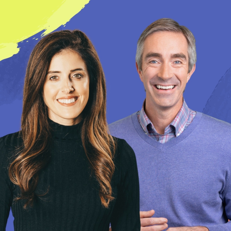 headshot of woman and man together on colorful background