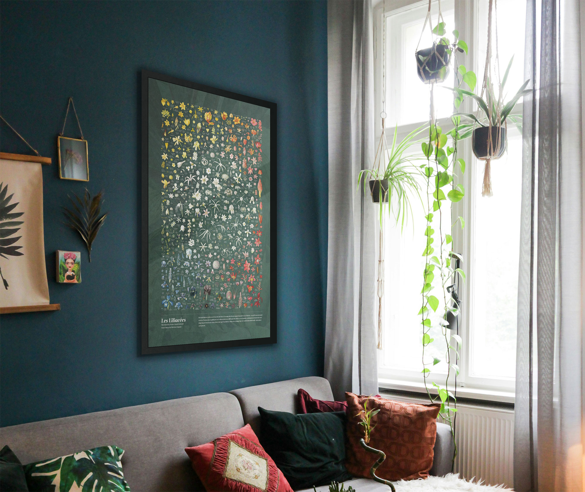 Photo of living room with framed lilies poster hanging on the wall