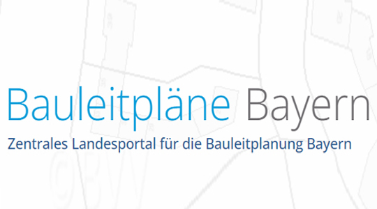 Im Hintergrund die Flurkarte, darüber der Schreiftzug "Bauleitpläne Bayern Zentrales Landesportal für die Bauleitplanung Bayern"
