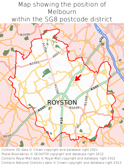 Map showing location of Melbourn within SG8