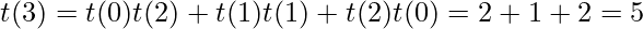 t(3) =t(0)t(2) +t(1)t(1) + t(2)t(0) = 2+1+2 = 5   