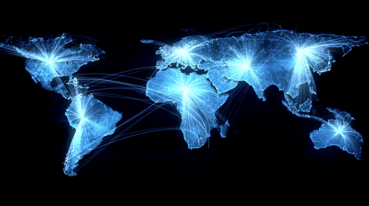 World map with simulated interconnection between continents