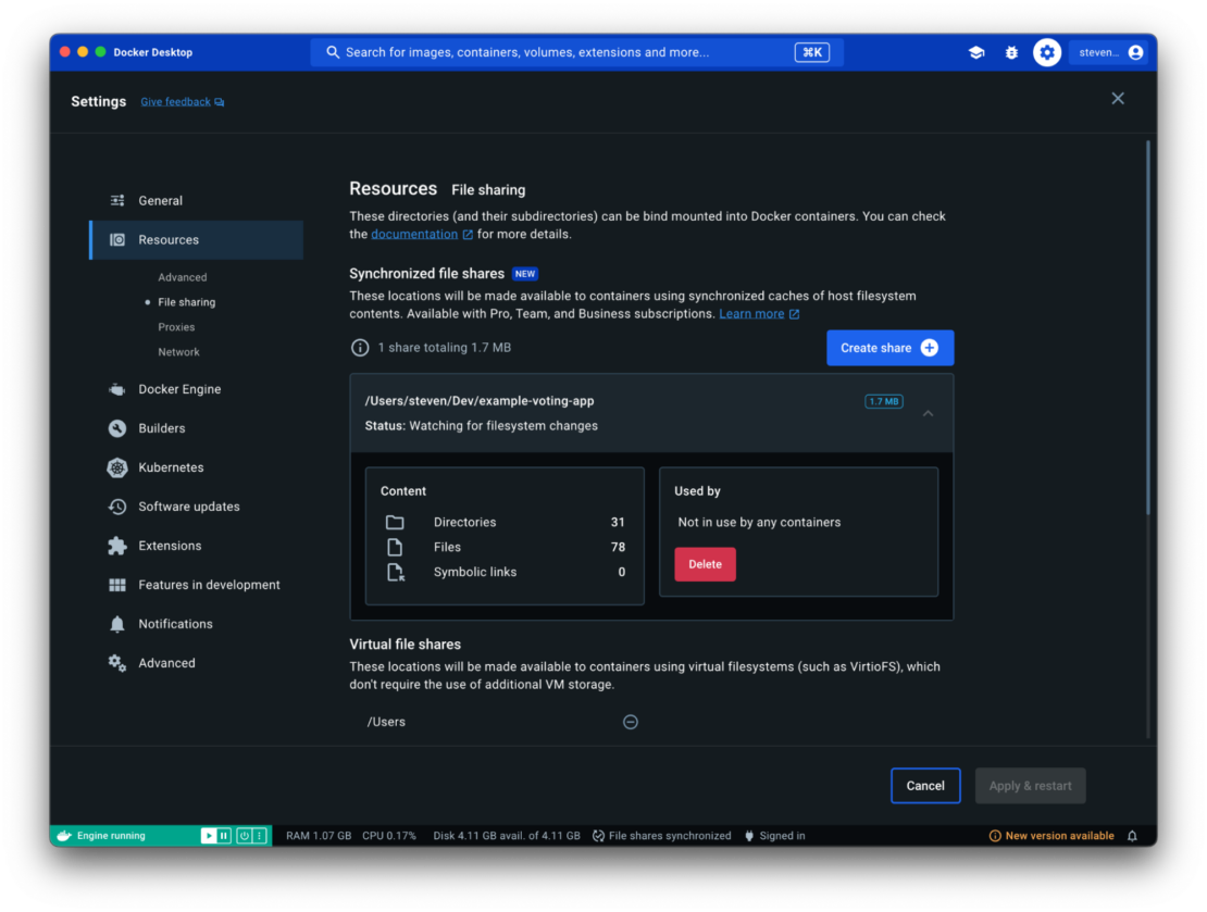 Screenshot of docker desktop showing file sharing resources.